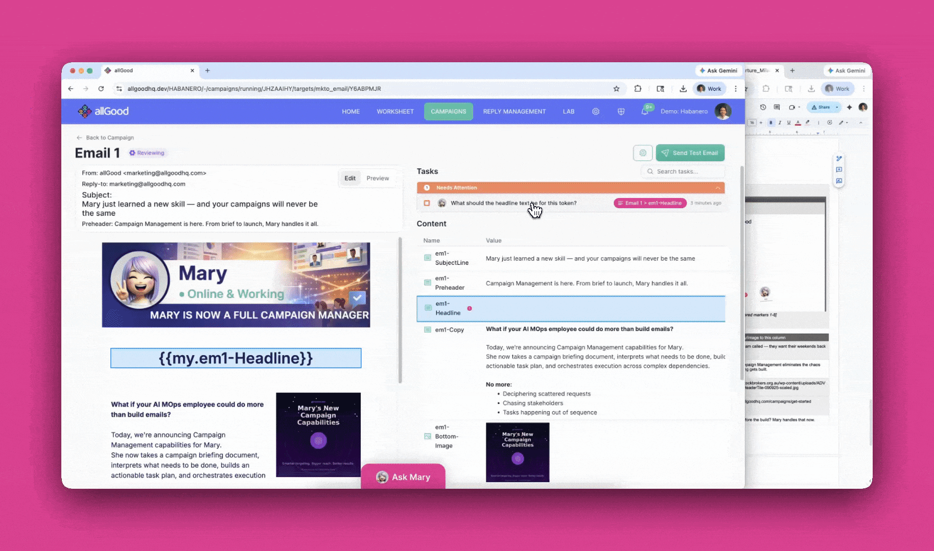 Live email editor showing campaign assets ready to review and launch